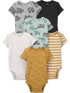 lot 6713 image: Simple Joys by Carters Baby Boys 6-Pack Short-Sleeve Bodysuits, BearConstructionRhinoStripe, 3-6 Months