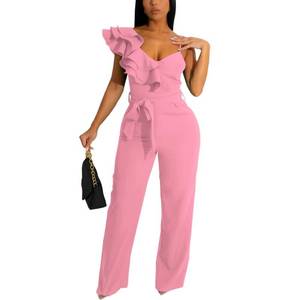 lot 6723 image: HBQ Womens Casual One Piece Jumpsuits V-Neck Sleeveless Ruffle Backless Belted Elegant Romper Wide Leg Pant Sexy Party Clubwear Overalls-Pink-L