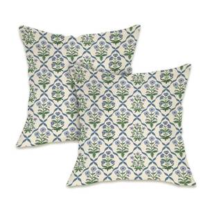 lot 6724 image: Fahrendom Boho Floral Geometric Decorative Throw Pillow Covers 18 x 18 Set of 2, Vintage Blue Flower Cottagecore Porch Patio Outdoor Pillowcase, Spring Summer Sofa Couch Cushion Case Home Decor