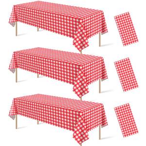 lot 6740 image: 3Pcs Red and White Checkered Tablecloth Decorations, Disposable Plastic Red Gingham Tablecloth Buffalo Plaid Table Cover for Picnic Pizza Party Bridal Wedding Birthday Party Supplies,54 x 108 Inch