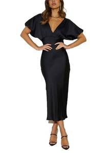 lot 6742 image: Summer Satin V Neck Puffy Sleeves Empire Waist Midi Dresser Silk Sexy Tie Back Formal Cocktail Dresser for Women Wedding Black - Small