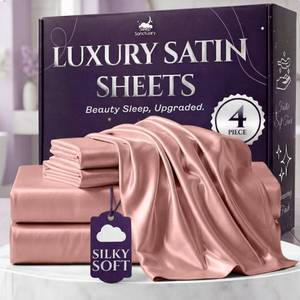 lot 6784 image: SLEEP SANCTUARY Satin Sheets Queen Size 4 Piece Luxury Silky Bed Set, Softer Than Silk, 15 Deep Pocket, Cooling &amp Wrinkle-Free, Moisture-Wicking &amp Breathable for Hair &amp Skin (Blush Pink)