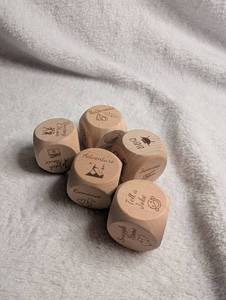 lot 1141 image: Wooden Activity Dice Set with Storage Bag