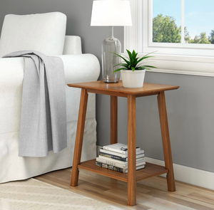 lot 44248 image: PlankBeam Wooden Side Table with Storage, Mid Century Modern End Tables for Living Room, Small Solid Wood Nightstand, Bedside Tables, Bedroom Furniture, Pecan - Retail $0