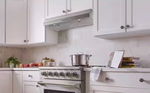 lot 44283 image: 30 in. 320CFM Convertible Under Cabinet Range Hood in Stainless Steel - Retail $180