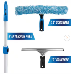 lot 44315 image: Window Cleaning Kit with Telescoping Pole, Scrubber and Squeegee - Retail $35