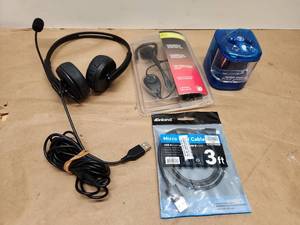 lot 21 image: Office Electronics Bundle - USB Headset, Bluetooth Earpiece, Pencil Sharpener & Cable
