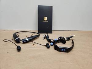 lot 38 image: UNBREAKcable Bluetooth Neckband Headset Bundle with Fitness Tracker and Wired Earbuds
