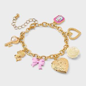 lot 153 image: Girls Bow and Heart Locket Charms Bracelet - art class Gold Lobster Claw Clasp, Iron & Zinc, Chain Style - Retail $7