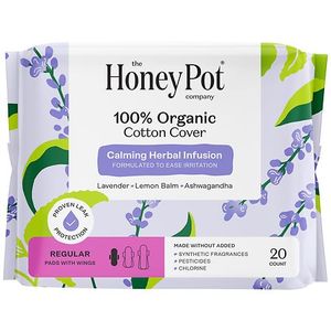 lot 155 image: Honey Pot 100% Organic Cotton Cover Calming Herbal Infusion Regular Pads - 20 ct - Retail $11