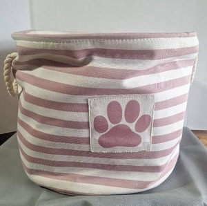 lot 114 image: Pink Striped Canvas Pet Toy Storage Basket with Rope Handles