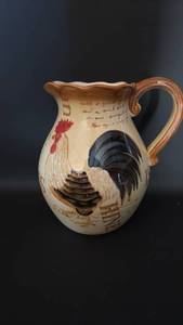 lot 8 image: Ceramic Rooster Pitcher with Rise and Shine Script