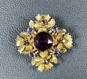 lot 15 image: Austrian Crystal Floral Brooch Gold Tone with Purple Stones
