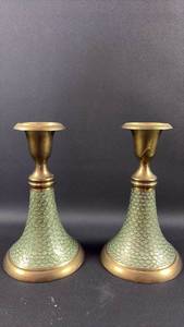 lot 34 image: Pair Brass and Enamel Candlesticks 7 Inches tall