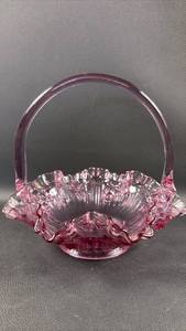 lot 38 image: Fenton Dusty Rose Glass Basket Pressed Roses Ruffled Crimped Edge Approximately 7 Inches Tall