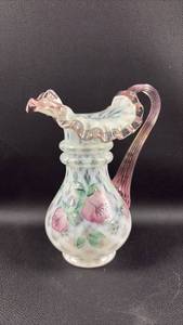 lot 40 image: Fenton Opalescent Glass Pitcher with Hand-Painted Floral Design