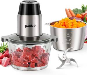 lot 1349 image: GANIZA Food Processors, Electric Food Chopper with Meat Grinder & Vegetable Chopper - 2 Bowls (8 Cup8 Cup) with Powerful 450W Copper Motor - Includes 2 Sets of Bi-Level Blades for FruitsMeatNuts