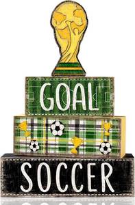 lot 1360 image: DIYDEC 4Pcs Soccer Tabletop Decorations Wooden Trophy Block Signs Gift Rustic Football Tiered Tray Decor Soccer Centerpiece World Cup Table Sign for Home Office Tabletop Fireplace Party Decor