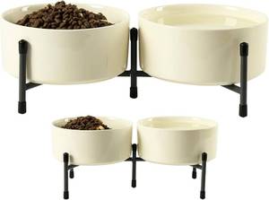 lot 1361 image: 6 Inch Elevated Dog Bowl with Adjustable Metal Stand, 32 OZ Raised Ceramic Dog Bowls Set for Food and Water Bowl, Double Pet Feeding Dishes for Small and Medium Breed Dogs, Beige, Set of 2