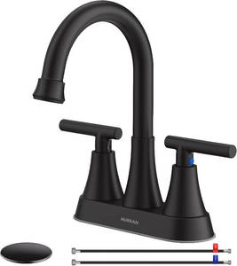 lot 1362 image: Bathroom Faucets for Sink 3 Hole, Hurran 4 inch Matte Black with Pop-up Drain and 2 Supply Hoses, Stainless Steel Lead-Free 2-Handle Centerset Faucet for Sink Vanity