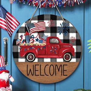 lot 1371 image: CroBlissful 4th of July Patriotic Door Decorations Red White and Blue Welcome Wreath Sign 250th Anniversary Decoration Wooden USA American Door Hanger Independence Day Decor for Front Porch Outdoor