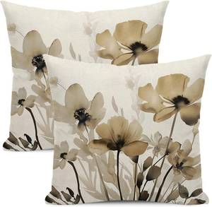 lot 1372 image: Spring Floral Pillow Covers 18x18 Inches Set of 2,Brown Floral Throw Pillow Covers Outdoor Summer Flower Decoration Pillowcase Farmhouse Decorative Square Linen Cushion Cover for Couch Sofa
