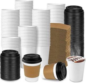 lot 1374 image: Ginkgo 100-Pack 8 oz Thickened Disposable Coffee Cups with Lids and Sleeves, To Go Cups for Hot Beverages, Perfect for Hot Coffee, Cocoa, and Chocolate