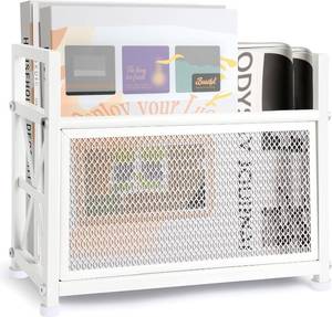 lot 1381 image: Magazine Rack & Holder   Multi-Purpose Storage Organizer for Magazines, Books, Newspapers, Mail, Tablets  Sturdy White Basket for Home, Office, Bathroom  Sleek Design & Easy Assembly