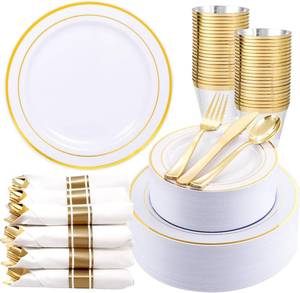 lot 1382 image: WDF Partyware 350Piece Gold Dinnerware Set for 50 Guests - Gold Plastic Plates with Disposable Cutlery - 50Dinner Plates-50Dessert Plates-50Pre Rolled Napkins with Silverware for WeddingBirthday