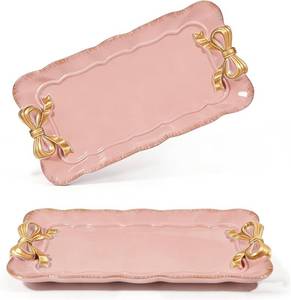lot 1396 image: Wowagoga 2 PCS Vintage Decorative Tray Jewelry Tray Storage Tray Pink Decorative Organizer for Jewelry Bracelets Cosmetics and Bow Room Decor