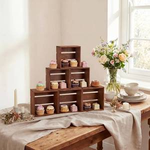 lot 1399 image: 6 Pcs Rustic Wood Crates Cupcake Stand Decorative Wedding Cupcake Display Crates Stackable Distressed Food Risers for Buffet Dessert Table Display, Wedding, Birthday(Brown) - One is damaged