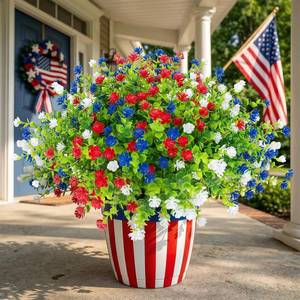 lot 1406 image: Hananona 24 Pcs Artificial Flowers Outdoor, Faux Artificial Plants UV Resistant Plastic Patriotic Flower Bulk for 4th of July Hanging Planter Porch Window Home Summer Decor (24, Red, White, Blue)