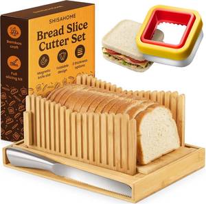 lot 1436 image: Bread Slicer Guide for Homemade Bread 2-In-1 Set Sourdough Rounds Slicer, Sandwich Sealer  Bread Loaf Slicing, Adjustable Bamboo Bread Cutter With Knife & Magnetic slot