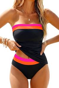 lot 1437 image: Daci Bandeau Tankini Swimsuits for Women - Two Piece Ruched Tummy Control Bathing Suit Strapless Swimwear with Bottom Size Large
