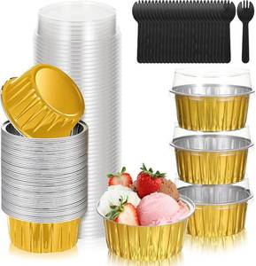 lot 1438 image: 100 Pcs Aluminum Foil Mini Cake Pans with Lids, 8 oz Capacity Disposable Ramekins, Round Aluminum Cups with Lids for Cupcakes, Muffins, Desserts(Black Gold)