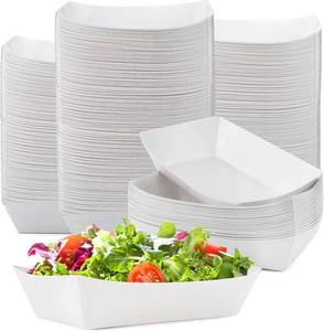 lot 1443 image: 120 Pcs Paper Food Boat Trays, 2 LB Heavy Duty Paper Boats, White Kraft Food Serving Boat Tray, Disposable Nacho Tray for Snack Hot Dog BBQ Dessert Salad Taco, Water & Grease Resistant, White