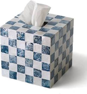 lot 1458 image: CHI AN HOME 5.5 Square Tissue Box Cover, Handmade Checkered Cube Tissue Box Cover with Capiz Shells, Decorative Mother of Pearl Tissue Holder for Living Room, Bathroom, Bedroom or Office (Navy Blue)