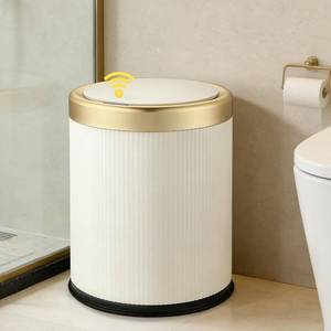 lot 1525 image: URALFA Automatic Motion Sensor Bathroom Trash Can with Lid, Touchless Trash Bin, Smart Dog Proof Garbage Can, Small Waste Basket for Toilet, Office, Bedroom, 2.8 Gallon, Cream White