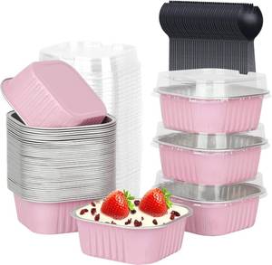 lot 1529 image: LNYZQUS Mini Cake Pans with Lids and Spoons,10oz Disposable Small Foil Baking Tins,40 Pack Individual Cake Containers for Home Bakers Bake Sales-Pink,4x4 Square