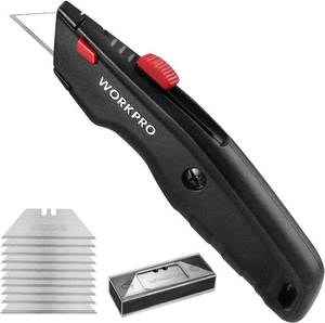 lot 1549 image: WORKPRO Premium Utility Knife, Retractable All Metal Heavy Duty Box Cutter, Quick Change Blade Razor Knife, with 10 Extra Blades