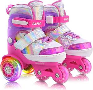 lot 1558 image: SULIFEEL Rainbow Unicorn 4 Size Adjustable Roller Skates for Girls Boys for Kids Ages 3-5 5-8 6-12 Children Skates Indoor Outdoor SIZE XS TODDLER