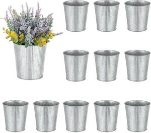 lot 1579 image: NUPTIO Rustic Galvanized Vases for Centerpiece 12 Pcs 5 Small Ribbed Vases for Flowers Bulk Metal Bucket Planter Pots for Wedding Table Home Decor