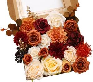lot 1587 image: Artificial Flowers Combo Box for DIY Wedding Bouquet Arrangement, Silk Faux Flower for Bridal Table Centerpieces Party Cake Baby Shower Orange & Burgundy