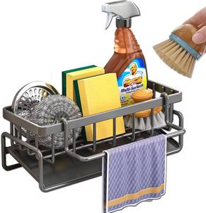 lot 1589 image: CIT ZCFY Kitchen Sink Caddy Organizers - Stainless Steel Sink Caddy with 30 Tilt Self-Drainage, Dish Brush Holder & Removable Dishcloth Rack - Gray