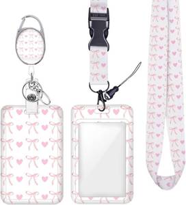 lot 1636 image: Pink Bow Heart ID Badge Holder Badge Reel Lanyards for ID Badges Work Vertical Protector Retractable Carabiner Clips Heavy Duty Key Lanyard for Women Salesman Dustman Editor Electrician Office Gifts