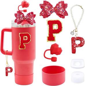 lot 1638 image: 7Pcs Red Stanley Cup Accessories Set For Stanley Cup 30oz 40oz tumbler with handle,Including Heart Straw Topper Cover Cap,Letter Charm,Red Shiny Bow,Spill Proof Stopper,Silicone Boot(Letter P)