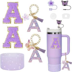 lot 1640 image: Stanley Cup Accessories Set, Compatible with 30oz & 40oz, Includes Straw Cover, Boot, Spill Proof Stopper, Handle Charm & Sticker Letter (Letter A)