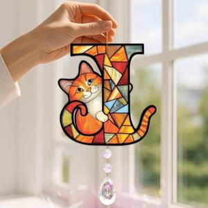 lot 1876 image: Suncatchers Puzzle for Windows Hanging, Cat Mom Gifts for Women, Pet Lovers, Crystal Sun Catchers Indoor Window Rainbow Maker. Orange Cat Lover Gifts for Women Personalized (LetterJ)
