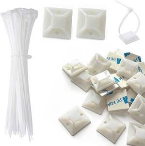 lot 1990 image: 100 Set Cable Zip Tie Self Adhesive Mounts Kit with 6 Zip Ties, 34 Wire Holders Squares, Screws - Sticky Wire Fasteners Cable Clips Management Anchors Organizer - White