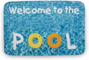lot 1993 image: Pool Doormat, Welcome Mat, 16x24 Inches, Blue, Modern, Non Slip, Water Resistant, Letter Print, Rubber Back, Housewarming, Porch, Bath Mat